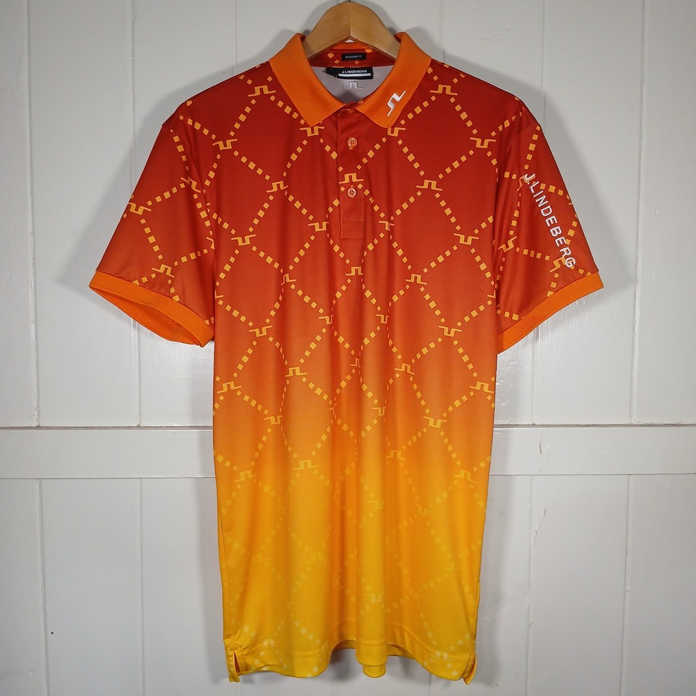 J.Lindeberg Polo Shirt Mens L Orange Tour Tech Print GMJT07644 Golf Gradient